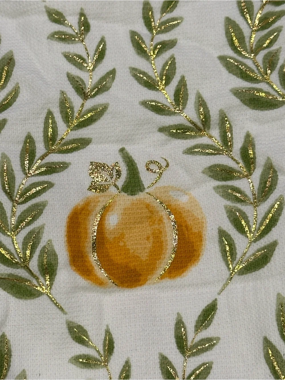 White Pumpkin Print Kitchen Towel with Gold Accents